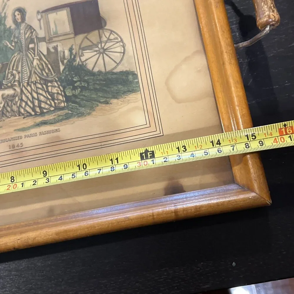 ANTIQUE GODEY LADIES Fashion Print Tray Vanity Service Wooden Glass